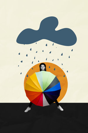 Vertical photo collage of happy girl hold colorful rainbow umbrella rain autumn weather cyclone storm cloud isolated on painted backgroundの写真素材