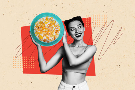 Composite photo collage of happy girl show bowl cornflakes breakfast nutrition milk cereal food diet isolated on painted backgroundの写真素材