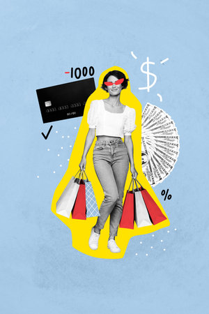 Vertical photo collage of happy girl shopaholic carry purchase bags online credit card money dollar sale isolated on painted backgroundの写真素材