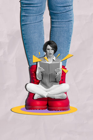 Vertical photo collage of astonished girl sit female legs boots read book hobby unusual plot novel fantasy isolated on painted backgroundの写真素材