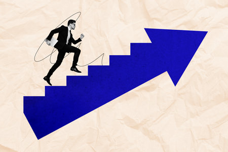 Composite photo collage of serious businessman run promotion ladder arrow point up career development isolated on painted backgroundの写真素材