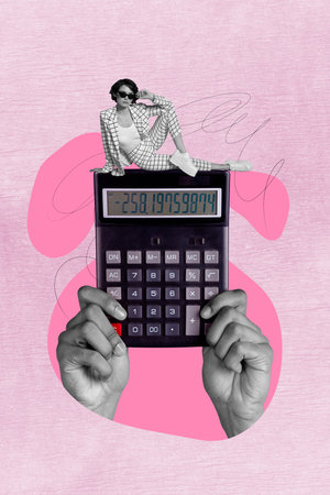 Creative trend collage of hands hold calculator bank account confident businesswoman bizarre unusual fantasy billboardの写真素材