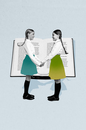 Vertical photo collage of two happy girl classmates hold hands school break open book literature education isolated on painted backgroundの写真素材