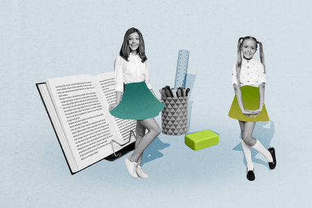 Composite photo collage of happy classmates girl wear uniform book literature homework preparation concept isolated on painted backgroundの写真素材