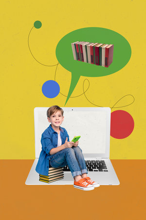 Vertical photo collage of cute small boy hold phone elearn home education laptop notification book...
