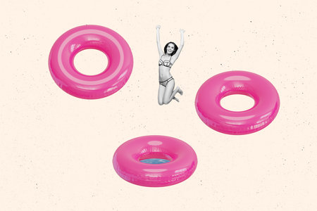 Creative photo collage young girl jump pool buoy bikini holiday resort vacation journey trip leisure...