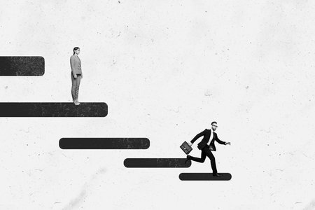 Composite photo collage of serious girl guy business partners development ladder success promotion growth isolated on painted backgroundの写真素材