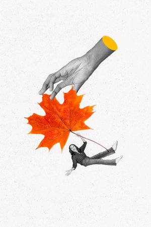 Composite trend artwork sketch photo collage of huge hand hold maple leave aged woman hanging smile face levitate nature autumn seasonの写真素材