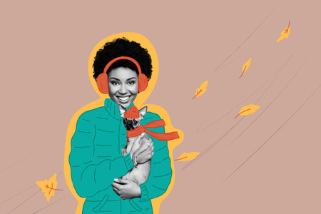 Composite photo collage of happy american girl hold puppy animal autumn walk windy weather leaves...