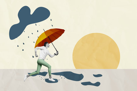 Composite photo collage of happy girl run puddle hold umbrella autumn season raindrop cyclone cloud isolated on painted backgroundの写真素材