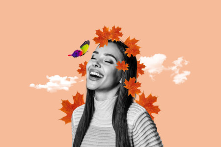 Composite photo collage of happy girl maple leaves butterfly insect bug season autumn park walk foliage isolated on painted backgroundの写真素材