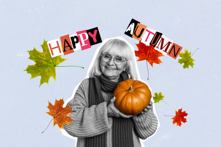 Composite photo collage of happy old woman hold pumpkin thanksgiving day celebration autumn holiday leaves isolated on painted backgroundの写真素材