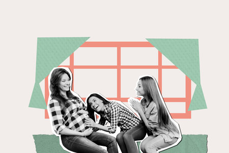 Composite photo collage of happy girls listen baby pregnancy mommy belly birth sit indoor home window isolated on painted backgroundの写真素材