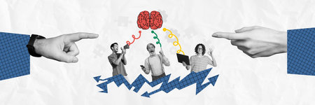 Panoramic photo collage colleagues brainstorming project manager hands body fragment gestures...