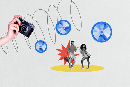 Composite photo collage of two happy american girl guy dance boombox retro occasion cd music camera relax isolated on painted backgroundの写真素材
