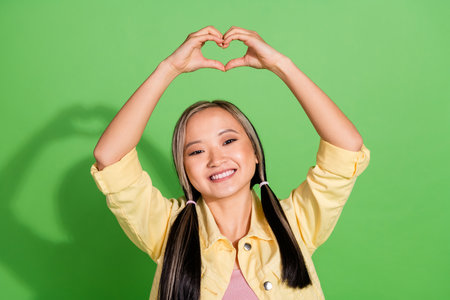 Portrait of pretty young woman show heart symbol wear jacket isolated on green color backgroundの写真素材