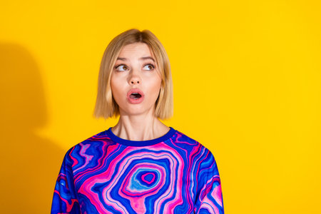 Photo of lovely young lady look scared confused empty space dressed stylish colorful blue garment...