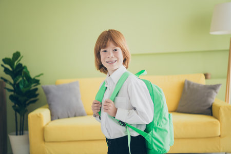 Portrait of cheerful charming adorable little boy schoolkid wearing uniform preparing 1st september...