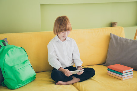 Portrait of cheerful charming funny boy schoolkid relax rest after school lesson playing game living room interior indoorsの写真素材