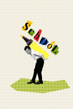 Vertical photo collage of happy schoolboy carry big highlighter marker school supply education...