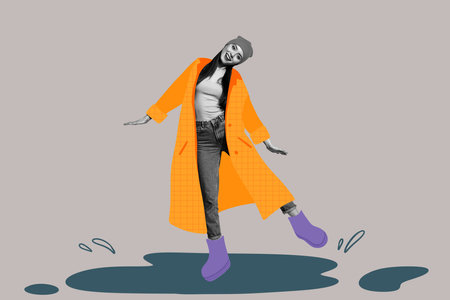 Composite photo collage of happy girl wear autumn raincoat boots stand puddle autumn weather rain season isolated on painted backgroundの写真素材