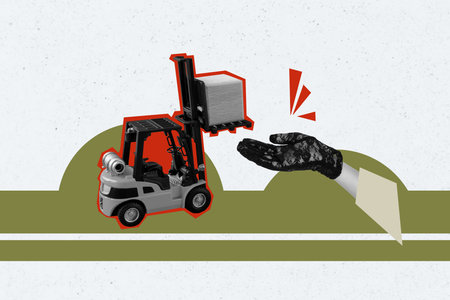 Composite photo collage of hand wear glove hold box cardboard shipment loader vehicle delivery postal isolated on painted backgroundの写真素材