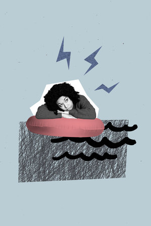 Creative trend collage of tired female swim float ring sea depression ocean fantasy billboard comics...