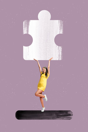 Composite trend artwork 3D image photo collage of huge dilemma solve jigsaw solution startup miniature young woman hand hold puzzle pieceの写真素材