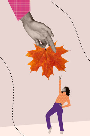 Vertical photo collage of happy american girl show maple orange dry leaf hand collect autumn park season isolated on painted backgroundの写真素材