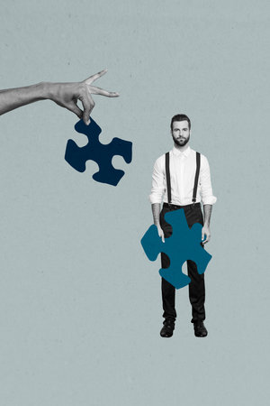 Vertical photo collage of serious businessman hold puzzle segment logic development hand hold other piece isolated on painted backgroundの写真素材