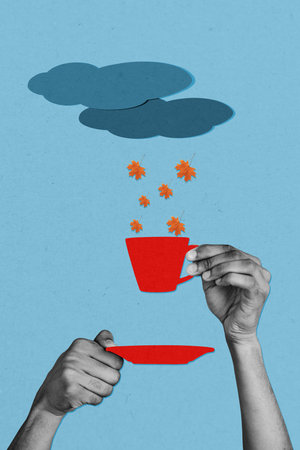 Vertical photo collage of hands hold coffee cup cacao autumn beverage season herbal tea maple leaves dry isolated on painted backgroundの写真素材