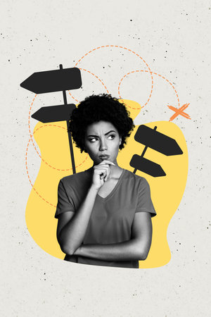 Vertical poster collage young woman think roadsign showing direction lost crossed sign destination...