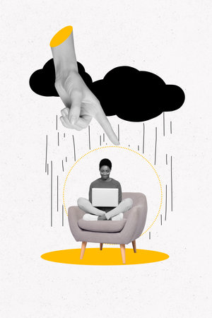 Composite photo collage of huge hand finger point sphere young lady work remote laptop armchair home protection bad weather rainy autumnの写真素材