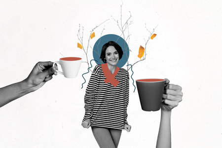 Trend artwork collage of monochrome autumn fallen leaves season outdoors nature young lady cute smile two hands hold coffee cup beverageの写真素材