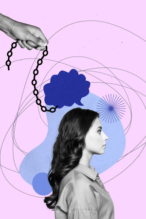 Composite trend artwork sketch image collage of monochrome puppeteer young lady stand hand hold rope...