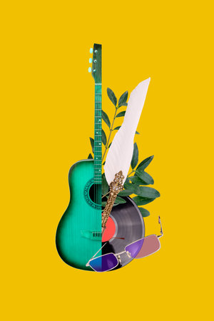 Vertical collage image guitar classy instrument environment flora blossom nature leaves plant vinyl plate record melody sunglassesの写真素材