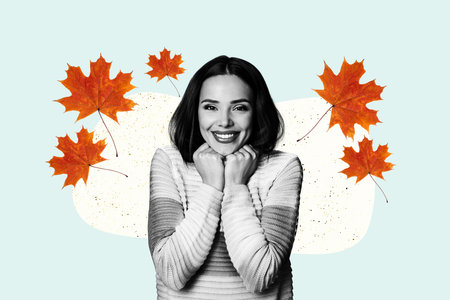 Trend artwork image collage of monochrome autumn fallen season weather outdoors nature young lady...