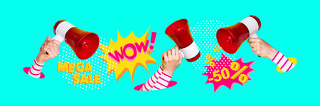 Composite trend artwork sketch photo collage of horizontal panorama mega sale pop style banner hand hold loudspeaker black friday percentの写真素材