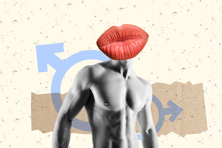 Composite photo collage of sexy male torso striptease muscular sexual athlete body instead head lips kiss isolated on painted backgroundの写真素材