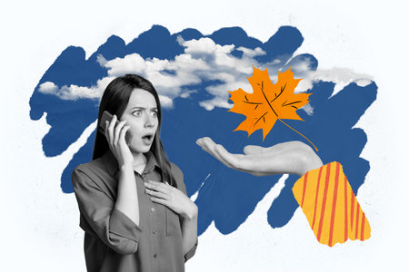 Composite photo collage of astonished girl speak phone hand show autumn dry maple leaf season walk isolated on painted backgroundの写真素材