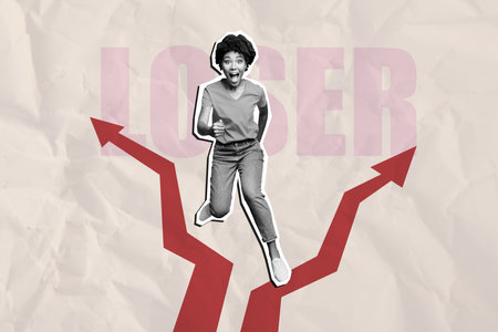 Composite trend artwork sketch image photo collage of young amazed woman walk arrow different direction racism loser bullying stereotypeの写真素材