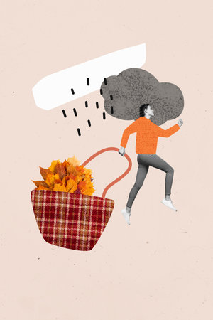 Composite trend artwork sketch image photo collage of illustration young lady walk up hand hold huge bag dry leaves autumn season cloudの写真素材