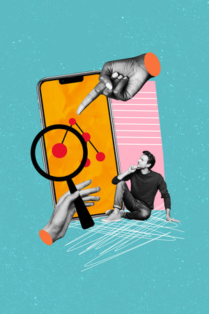 Vertical poster collage smartphone screen display economy discover exploration man business magnifying loop glass enlargerの写真素材