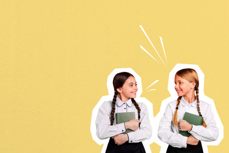 Composite photo collage of two happy girls classmates hold textbook literature lesson preparation bookworm isolated on painted backgroundの写真素材