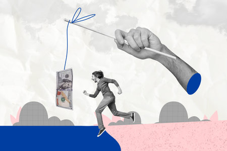 Creative collage image running man motivation inspiration banknote cash dollars rush reach goal aim target 3d hand hang stringの写真素材