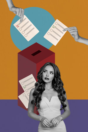 Vertical photo collage of minded girl think decision hands put ballot cards slot box registration...
