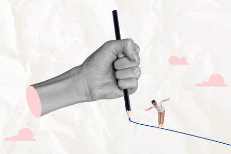 Creative collage image 3d hand body fragment draw pencil line young man balance falling down clouds sky environment backgroundの写真素材