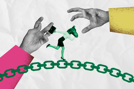 Creative image picture headless woman horse face run chain overcome difficulties obstacles...