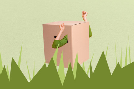 Creative collage image human hands body fragments carton box package delivery service shipping surreal drawing backgroundの写真素材