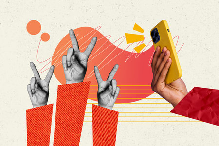 Creative collage picture hands body fragments sleeve smartphone cellphone drawing background take photo picture blogger deviceの写真素材